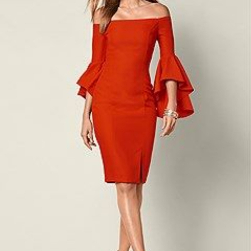 VENUS Orange Red Ruffled Off-Shoulder Sheath Dress